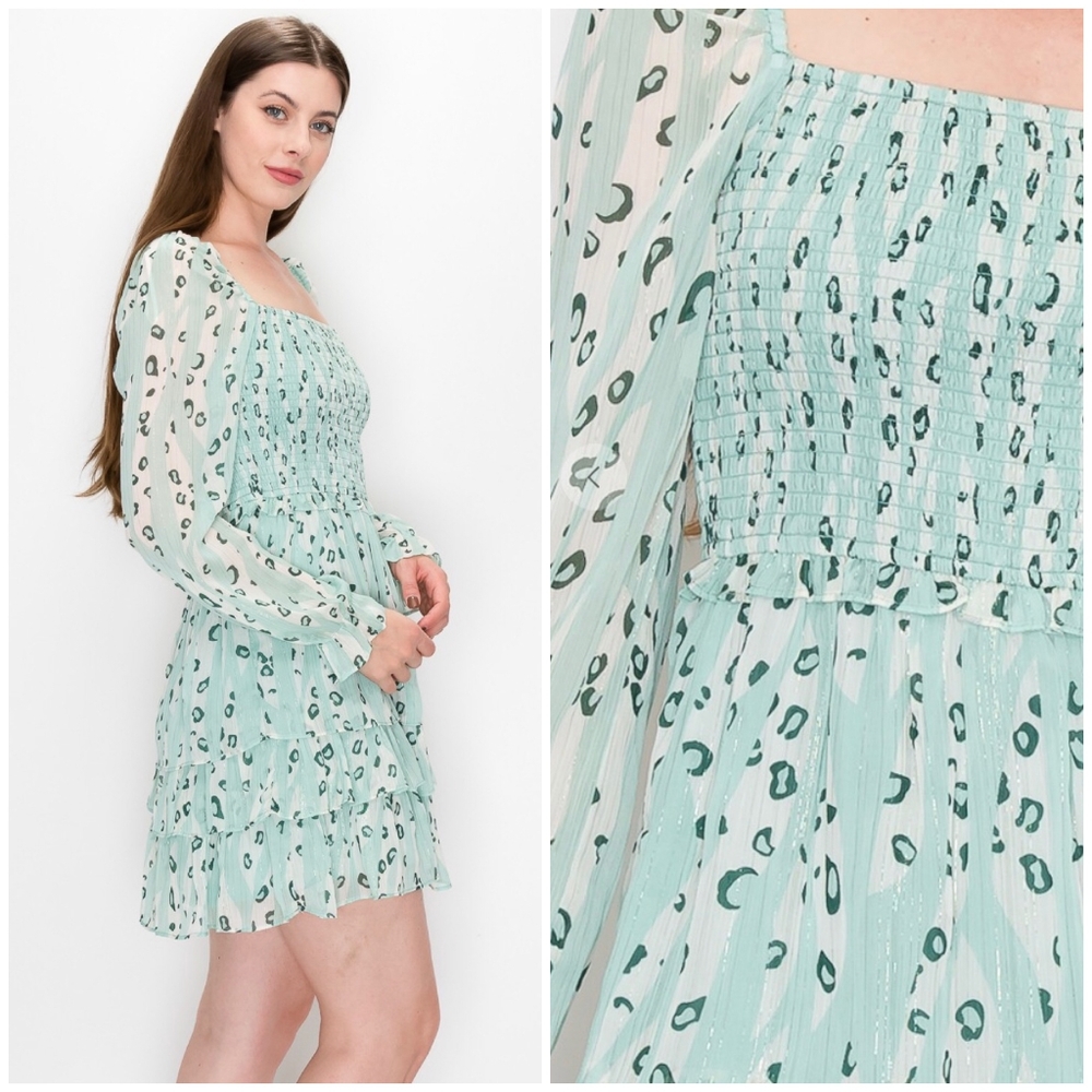 FEW LEFT❗️INA Gorgeous Chic Mint Sage Abstract Leopard Print Long Sleeves Dress - Picture 5 of 10
